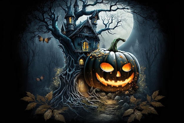 A Halloween background with a dark forest house and pumpkin generated by AI