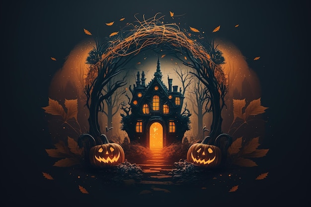 A Halloween background with a dark forest house and pumpkin generated by AI