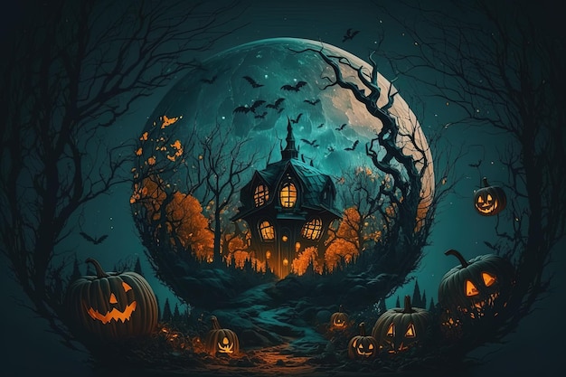 A Halloween background with a dark forest house and pumpkin generated by AI