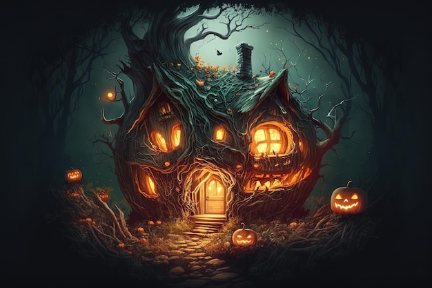 A Halloween background with a dark forest house and pumpkin generated by AI