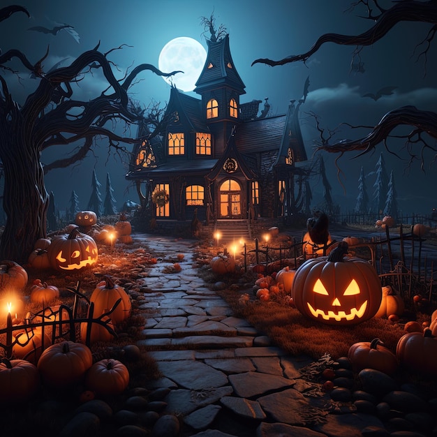 Halloween background with elements of a house pumpkins and a dark background generated by AI