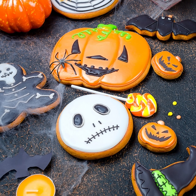 Halloween background with gingerbread, pumpkins and candles