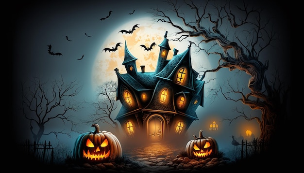 Halloween background with glowing pumpkins and haunted house Generative ai