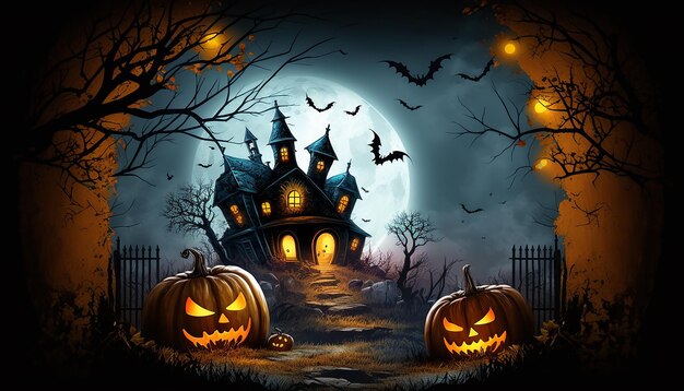 Halloween background with glowing pumpkins and haunted house Generative ai