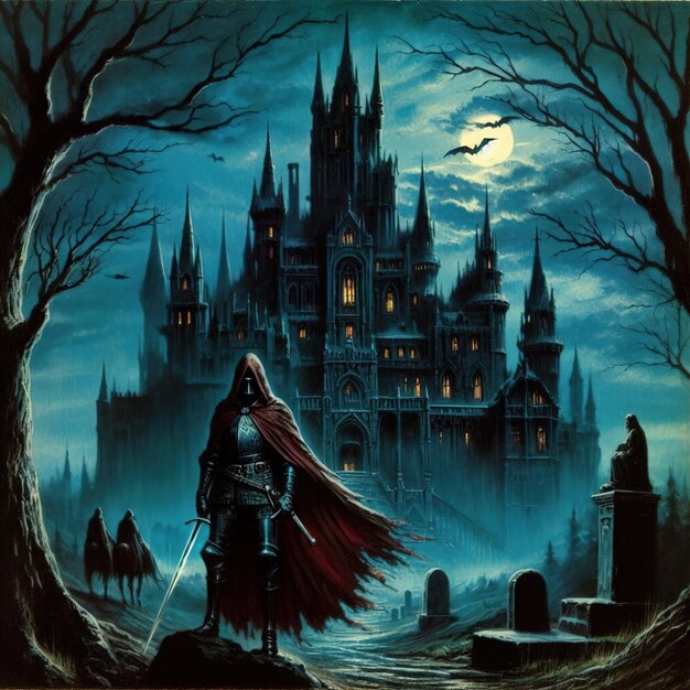 Halloween background with a gothic castle and a witch