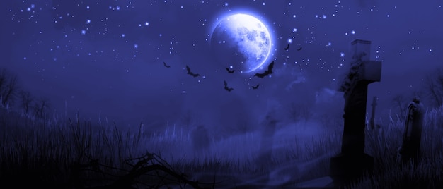 Halloween background with graveyard in a spooky night.