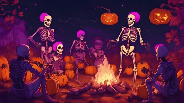 Halloween background with group of skeleton people and pumpkins vector illustration