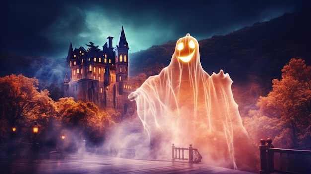 Halloween background with haunted castle and ghost Generative AI