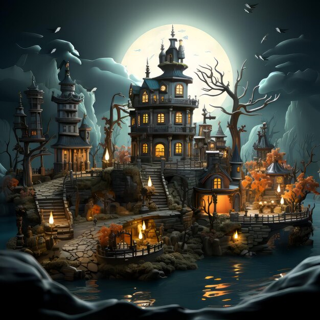 Photo halloween background with haunted castle and moon 3d render illustration