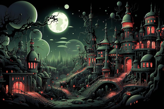 Halloween background with haunted castle and moon