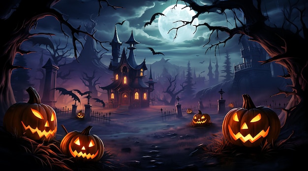 Хэллоуин фон с замком с привидениями, жутким лесом и тыквами