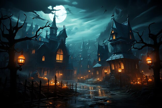 Halloween background with haunted castle spooky forest and pumpkins