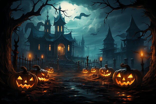 Halloween background with haunted castle spooky forest and pumpkins