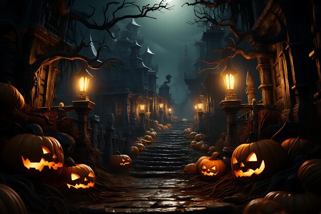 Halloween background with haunted castle spooky forest and pumpkins