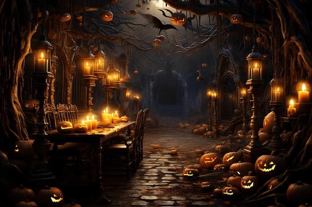 Halloween background with haunted castle spooky forest and pumpkins