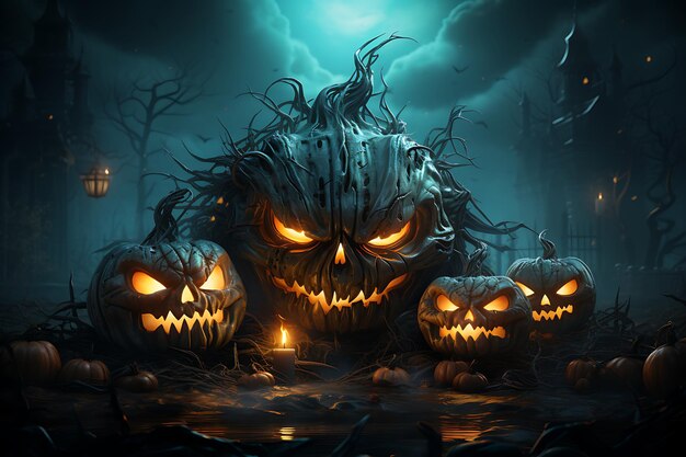 Halloween background with haunted castle spooky forest and pumpkins