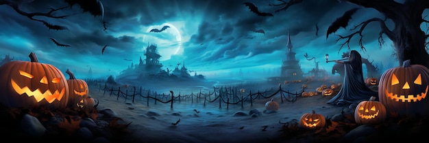 Halloween background with haunted castle spooky forest and pumpkins