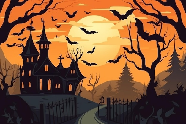 A halloween background with a haunted house and bats flying in the sky.