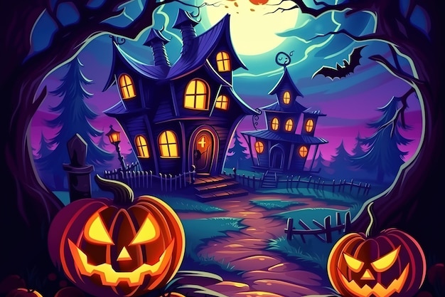 Halloween background with haunted house full moon pumpkins and trees