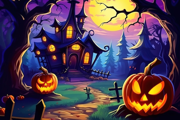 Halloween background with haunted house full moon pumpkins and trees