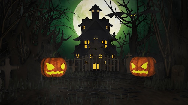 Halloween background with haunted house ghost bats and pumpkins graves