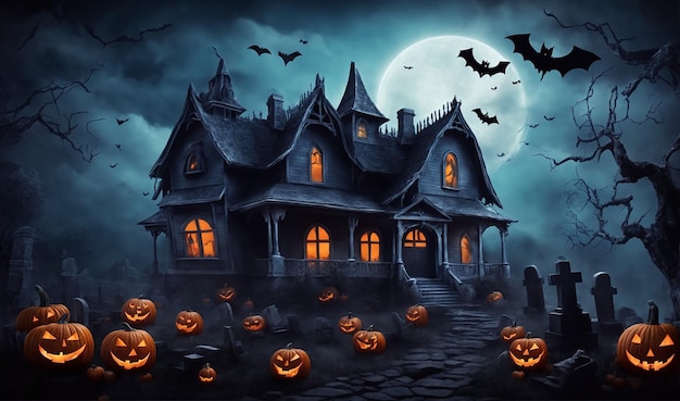 Halloween background with haunted house ghost