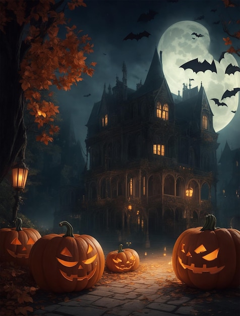 Halloween background with haunted house pumpkins bats and cemetery