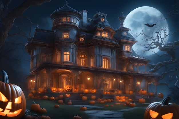 Halloween background with haunted house pumpkins bats and full moon