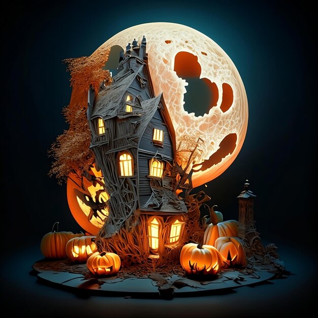 Halloween background with haunted house pumpkins and moon Ai generative