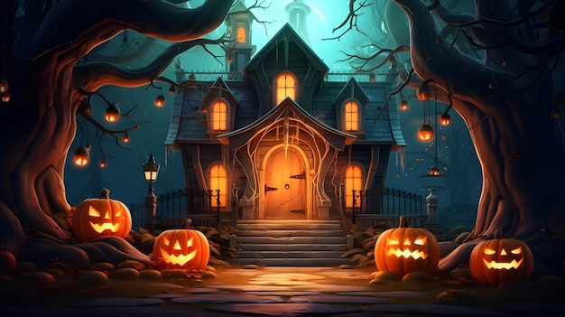 Halloween background with haunted house pumpkins and witch's house