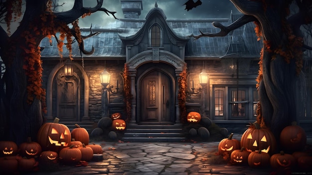 Halloween background with haunted house and pumpkins