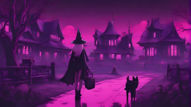 Halloween background with haunted house witch and dog in the fog