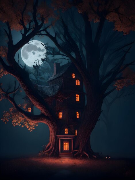 Halloween background with hunted house and tree horror night mode