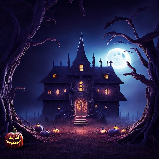 ハロウィーンの背景は狩られた家と木ホラーの夜暗い光 8k
