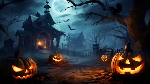 Halloween background with Jack's pumpkin head and dark castle at night Cute horrors