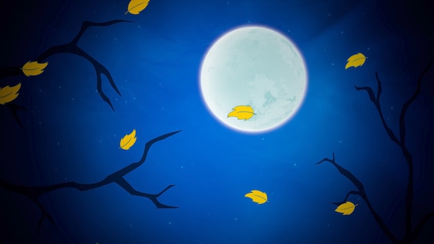 Halloween background with the leaves and moon. Happy holiday abstract backdrop. Luxury and elegant style 3D illustration for holiday template