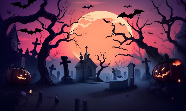 Хэллоуин фон со старым кладбищем и летучими мышами создан ai