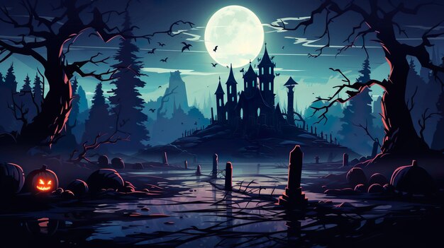 halloween background with old cemetery gravestones spooky leafless trees full moon halloween night