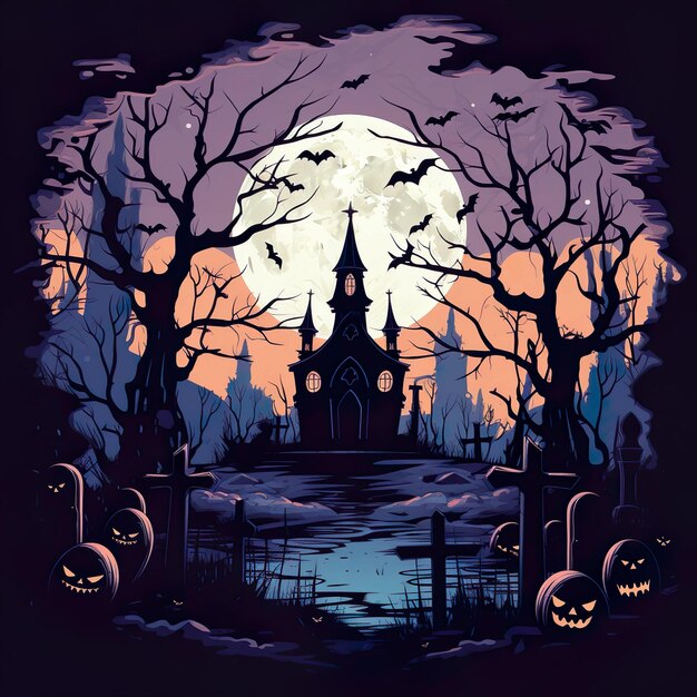 古い墓地の墓石とハロウィーンの背景不気味な葉のない木満月ハロウィーンの夜