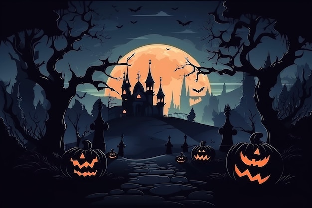 halloween background with old cemetery gravestones spooky leafless trees full moon halloween night