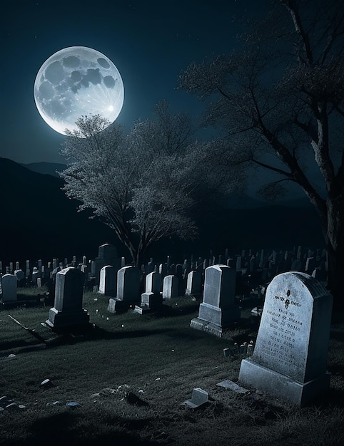 Photo halloween background with old cemetery gravestones spooky leafless trees full moon on night sky