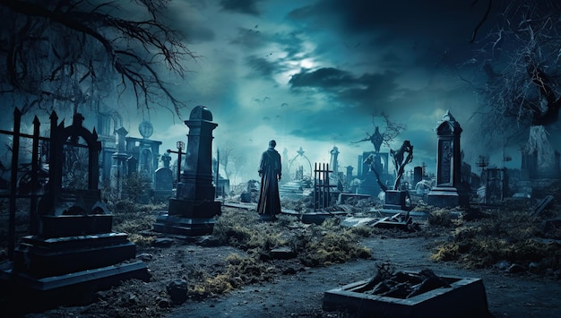 Photo halloween background with old cemetery gravestones spooky