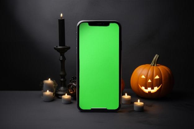 Photo halloween background with phone with copy space
