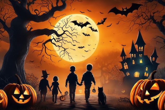 halloween background with pumpkin and bats created with generative AI software