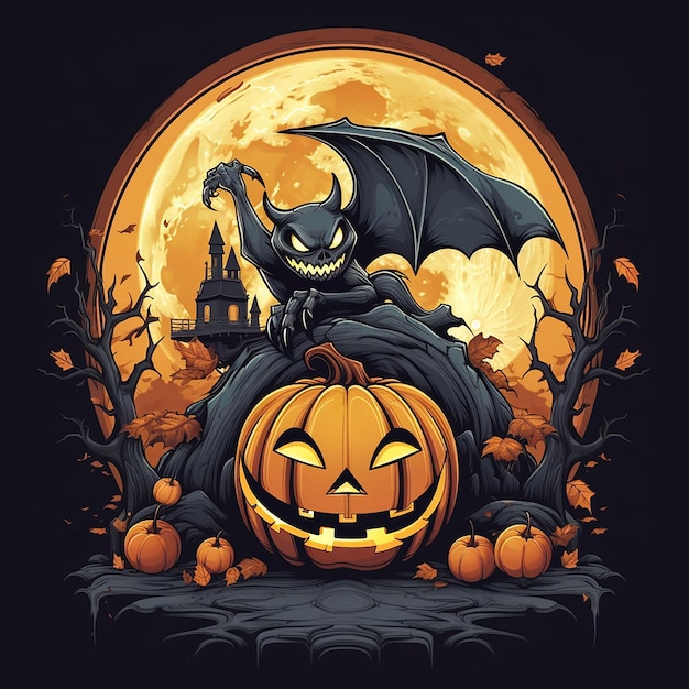 Halloween background with pumpkin bats moon and castle illustration