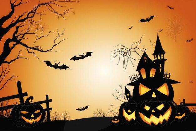 Halloween background with pumpkin moon and bats