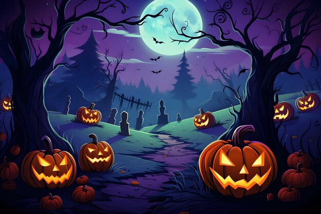 Photo halloween background with a pumpkin patch bathed in the glow of jacko'lanterns generated ai