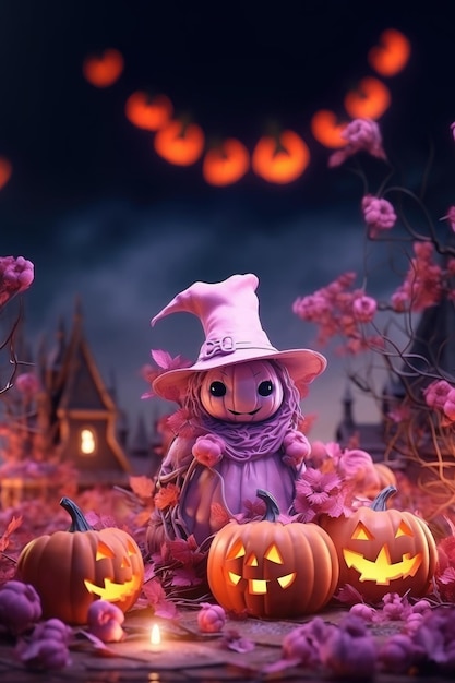 Halloween background with pumpkin in pink hat Generative AI