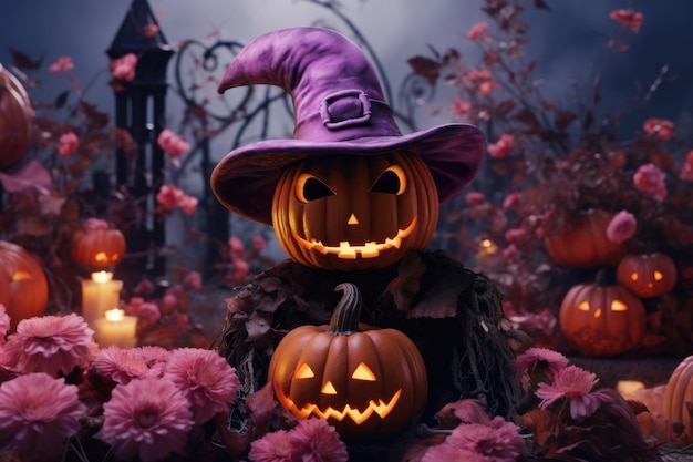 Halloween background with pumpkin in pink hat Generative AI