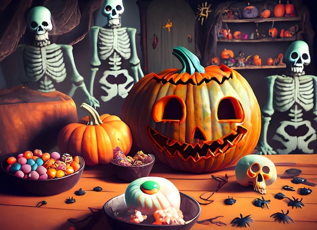 halloween background with pumpkin and skull